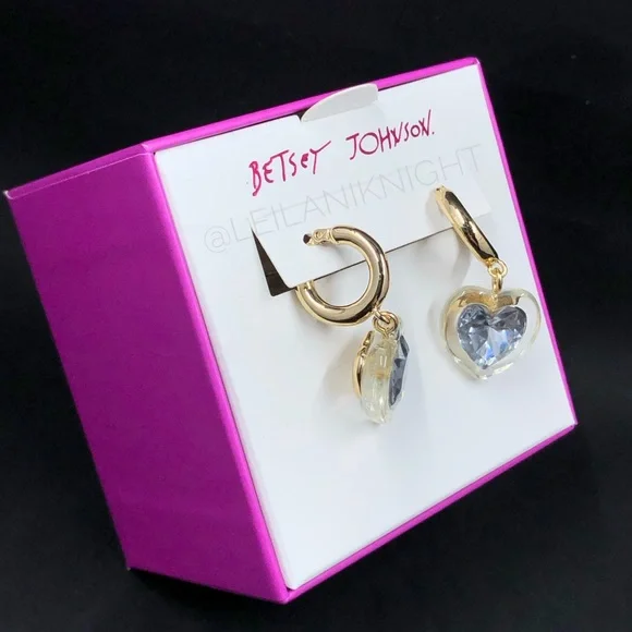Betsey Johnson Gold Tone Crystal Heart Huggie Hoop Earrings - Picture 4 of 11